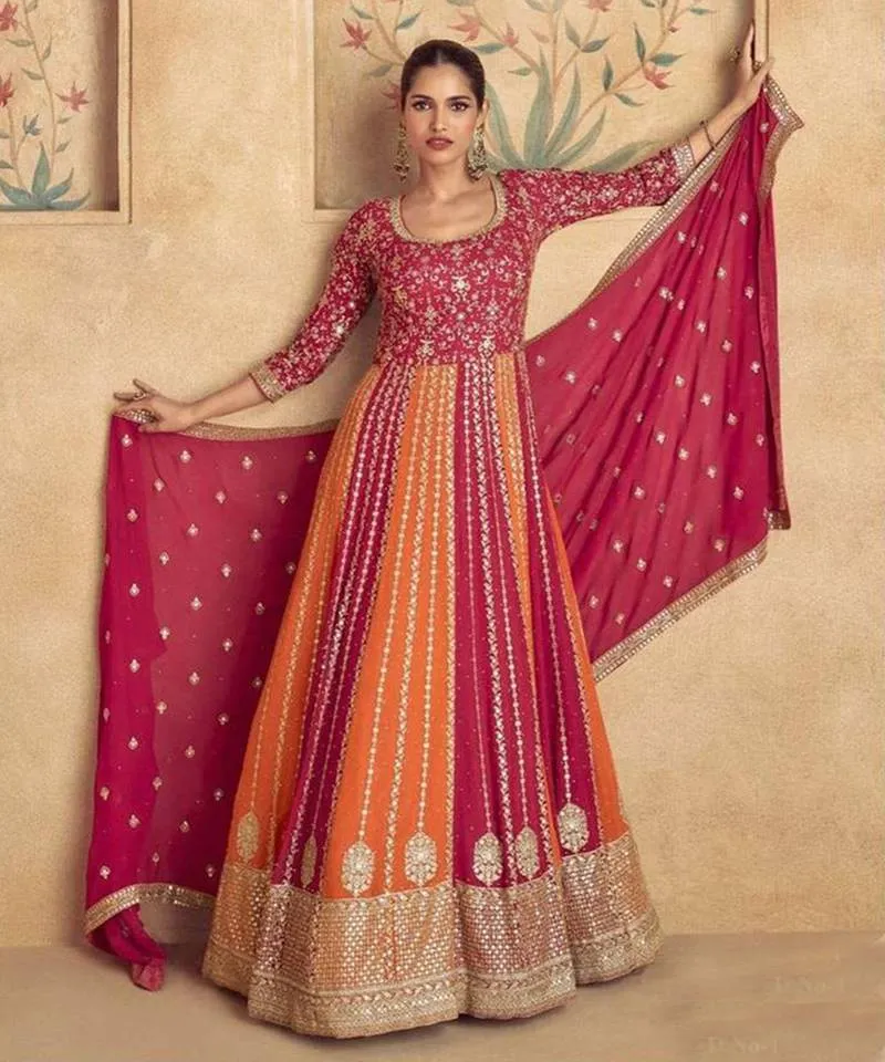 Multicolored Velvet Anarkali Gown Set